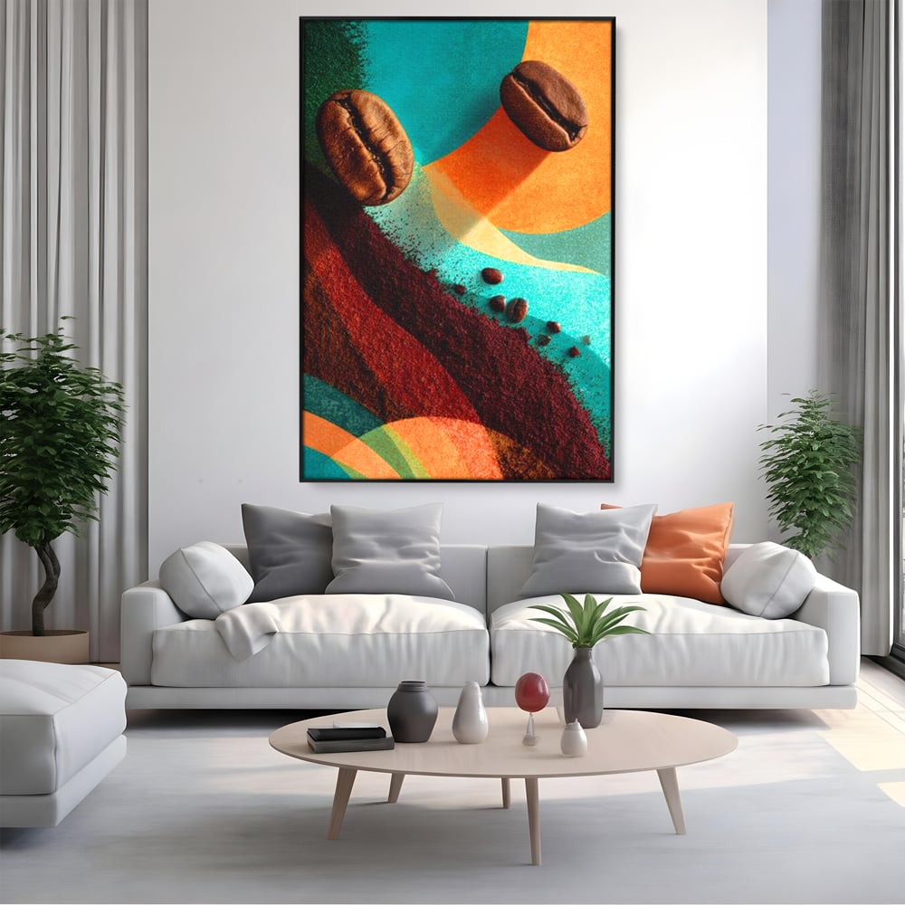Tablou canvas cu tablou abstract cu boabe de cafea, in rama de aluminiu negru, pe perete intr-un living